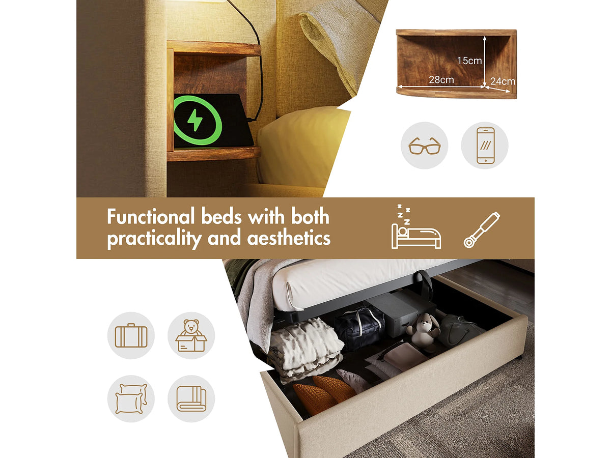 Lit Coffre 160x200 Tissu Lin Beige avec Chevets, LED et Port USB — vue 7