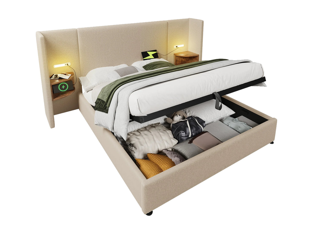 Lit Coffre 160x200 Tissu Lin Beige avec Chevets, LED et Port USB — vue 2