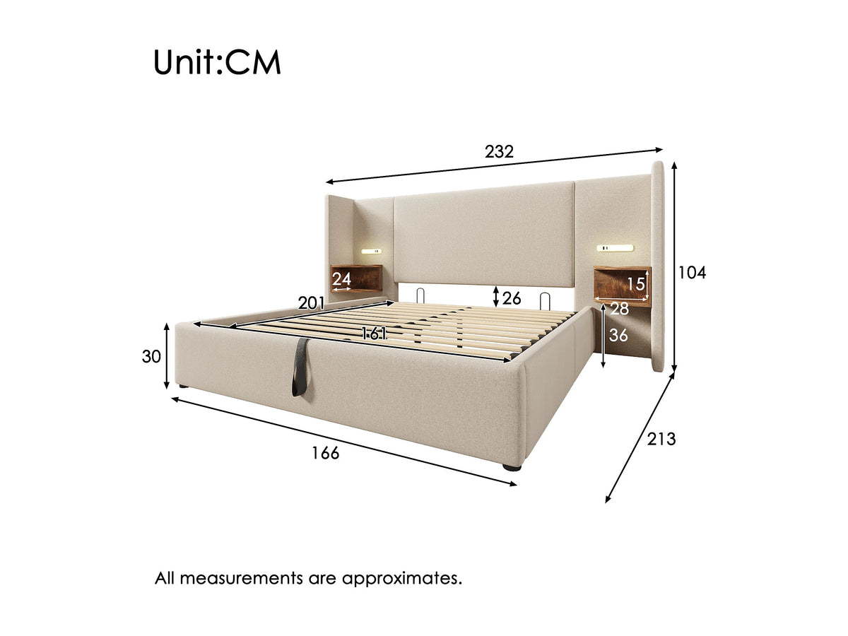 Lit Coffre 160x200 Tissu Lin Beige avec Chevets, LED et Port USB — vue 8