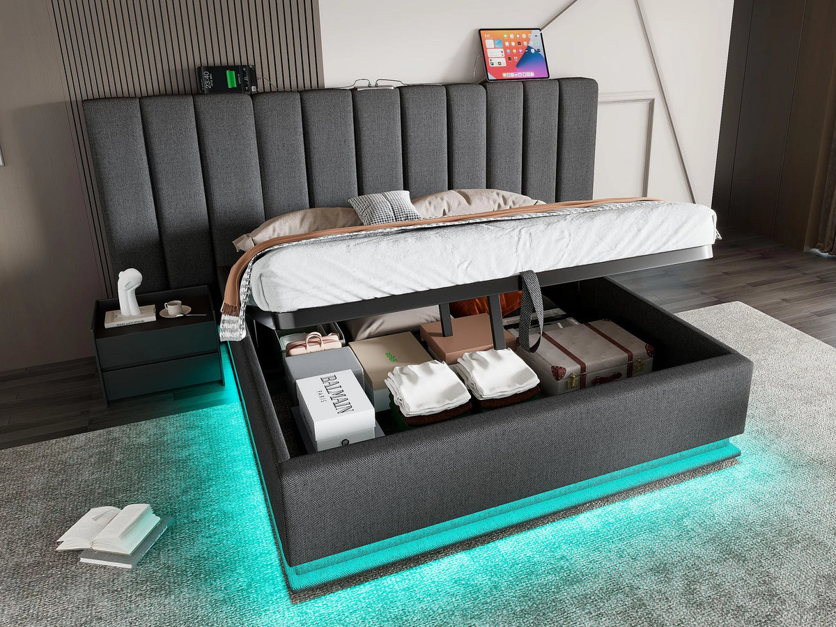 Lit Coffre 180x200 Tissu Lin Gris avec LED et Port USB
