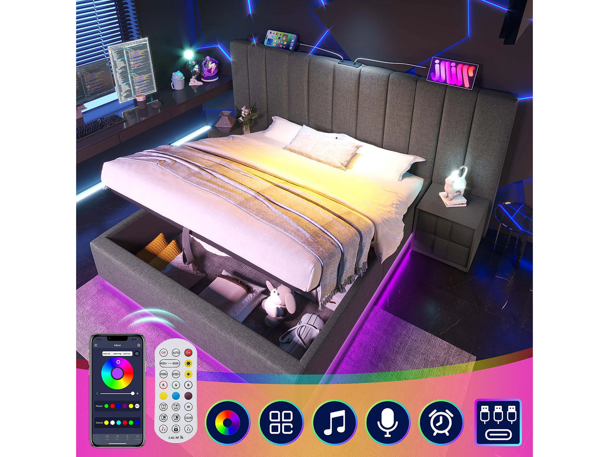 Lit Coffre 180x200 Tissu Lin Gris avec LED et Port USB — vue 9