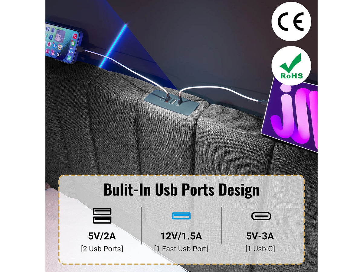 Lit Coffre 180x200 Tissu Lin Gris avec LED et Port USB — vue 5