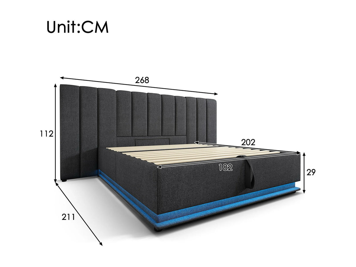 Lit Coffre 180x200 Tissu Lin Gris avec LED et Port USB — vue 6