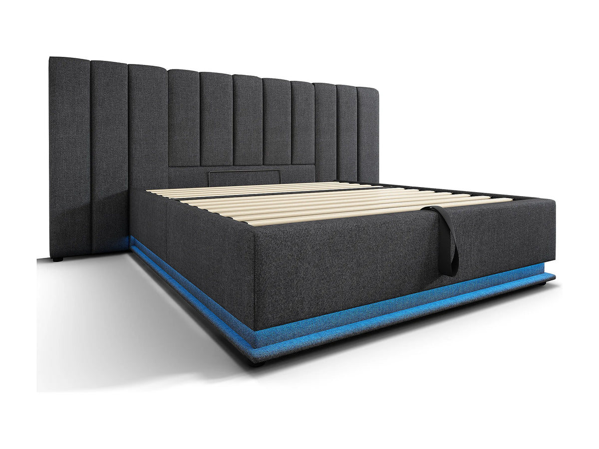 Lit Coffre 180x200 Tissu Lin Gris avec LED et Port USB — vue 3