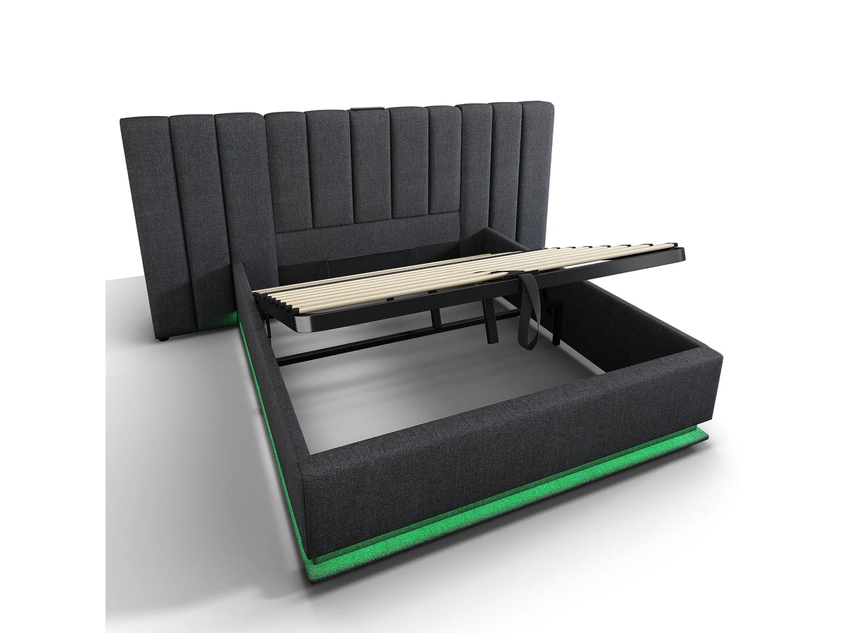 Lit Coffre 180x200 Tissu Lin Gris avec LED et Port USB — vue 4
