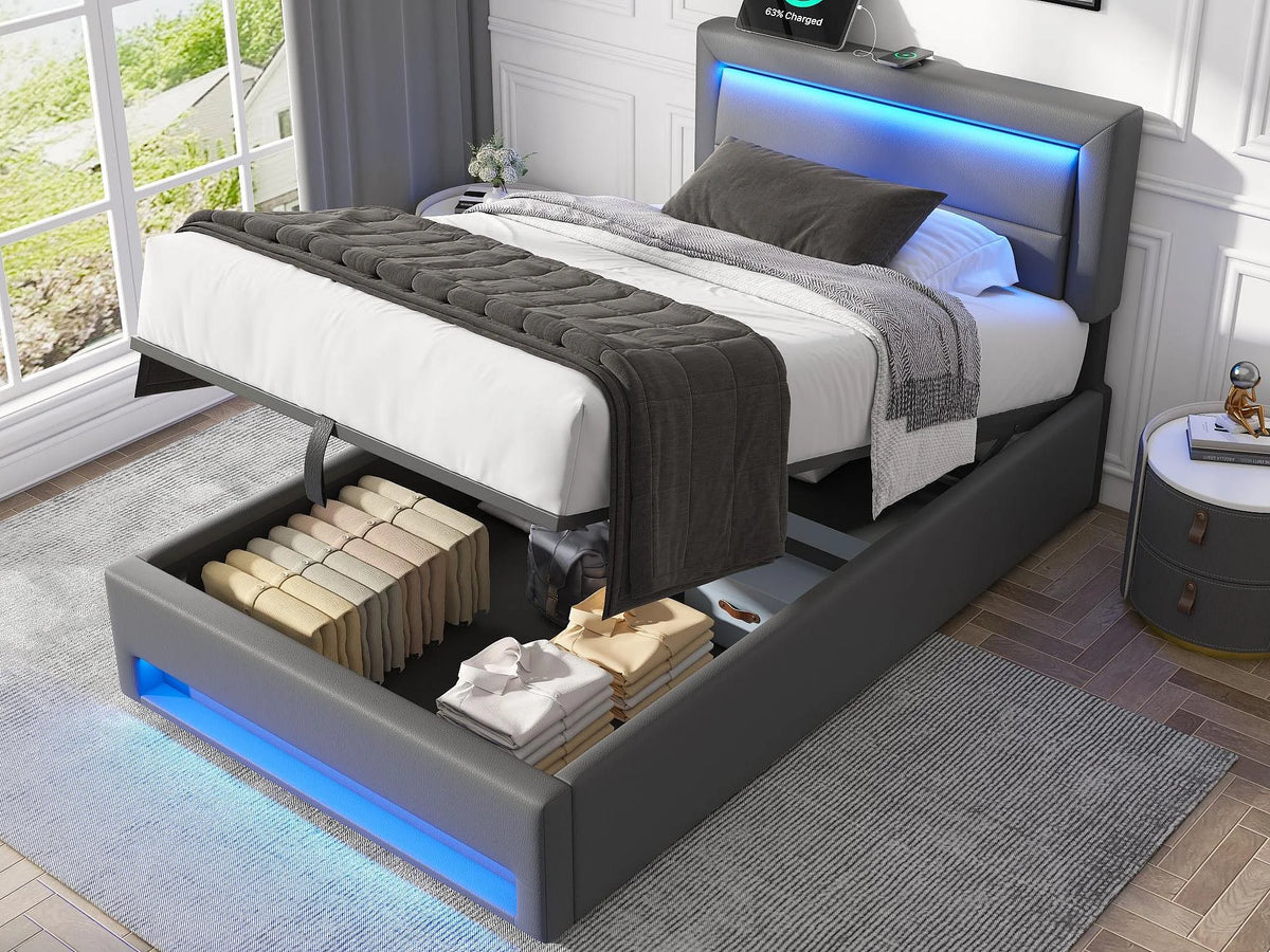 Lit Coffre 90x190 Simili Cuir Gris avec LED et Port USB