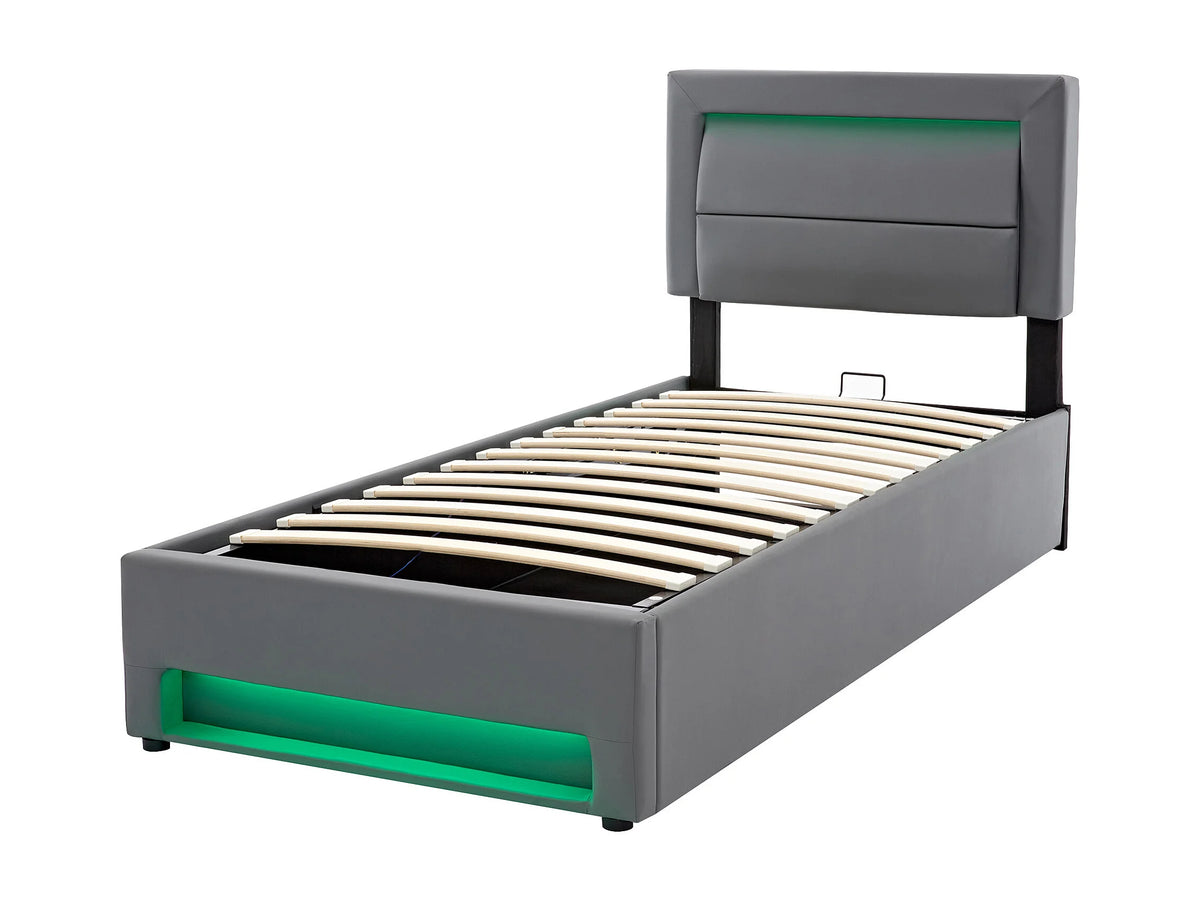 Lit Coffre 90x190 Simili Cuir Gris avec LED et Port USB — vue 3