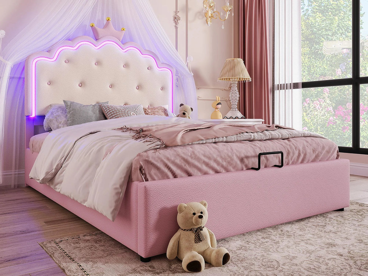Lit Coffre 140x200 Simili Cuir Rose avec LED