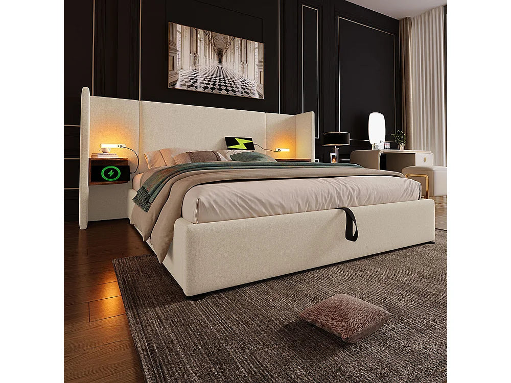 Lit Coffre 160x200 Tissu Lin Beige Capitonné avec Chevets, LED et Port USB