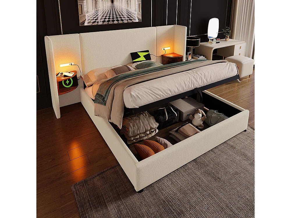 Lit Coffre 160x200 Tissu Lin Beige Capitonné avec Chevets, LED et Port USB — vue 2
