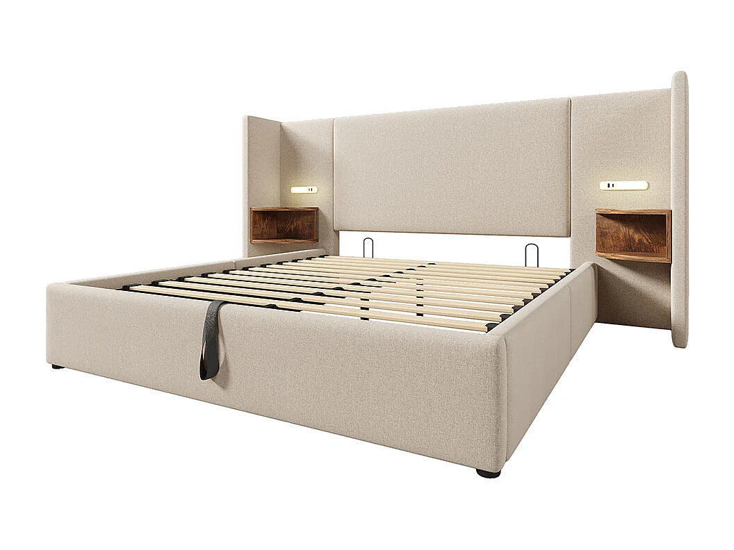 Lit Coffre 160x200 Tissu Lin Beige Capitonné avec Chevets, LED et Port USB — vue 4