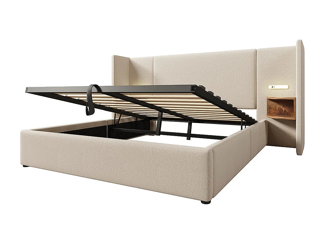Lit Coffre 160x200 Tissu Lin Beige Capitonné avec Chevets, LED et Port USB — vue 6