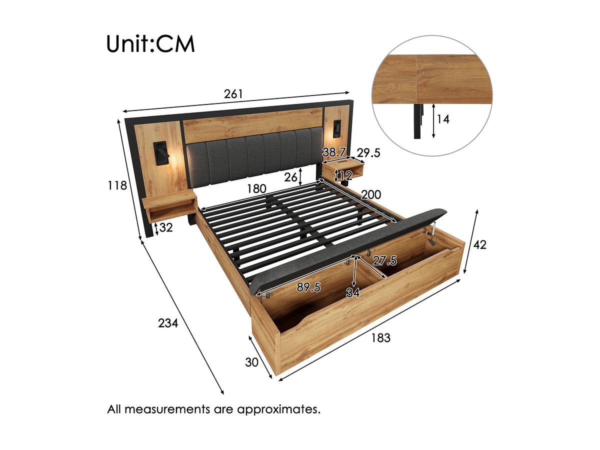 Lit Coffre 180x200 Tissu Lin Naturel clair avec Chevets et Port USB — vue 6