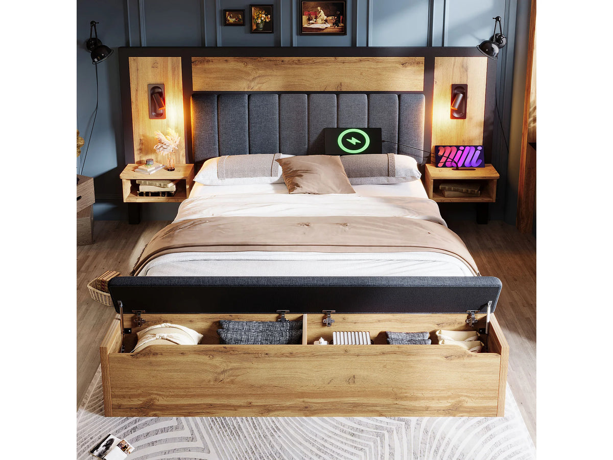 Lit Coffre 180x200 Tissu Lin Naturel clair avec Chevets et Port USB — vue 2