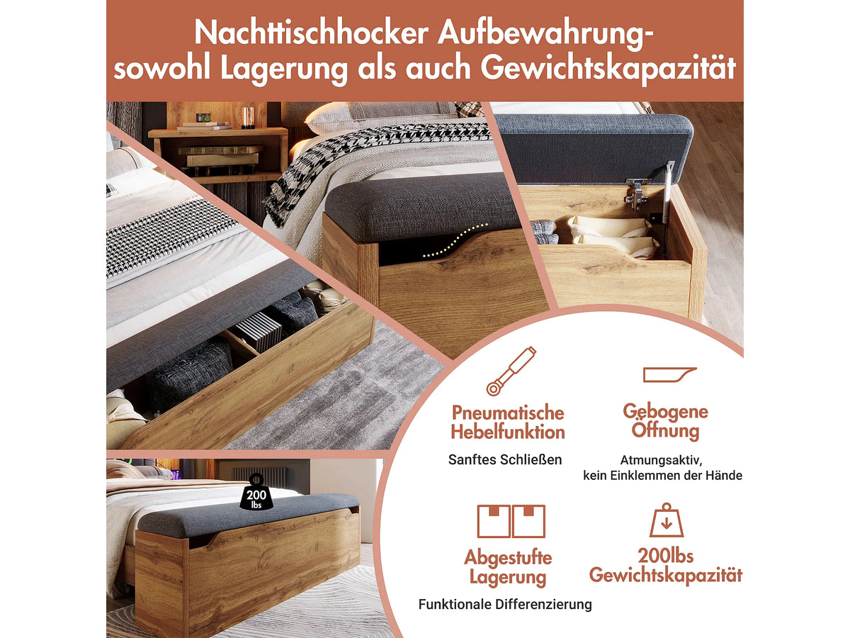 Lit Coffre 180x200 Tissu Lin Naturel clair avec Chevets et Port USB — vue 10