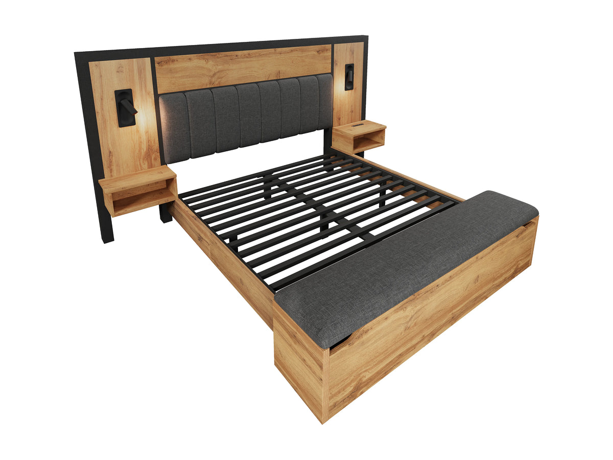 Lit Coffre 180x200 Tissu Lin Naturel clair avec Chevets et Port USB — vue 5