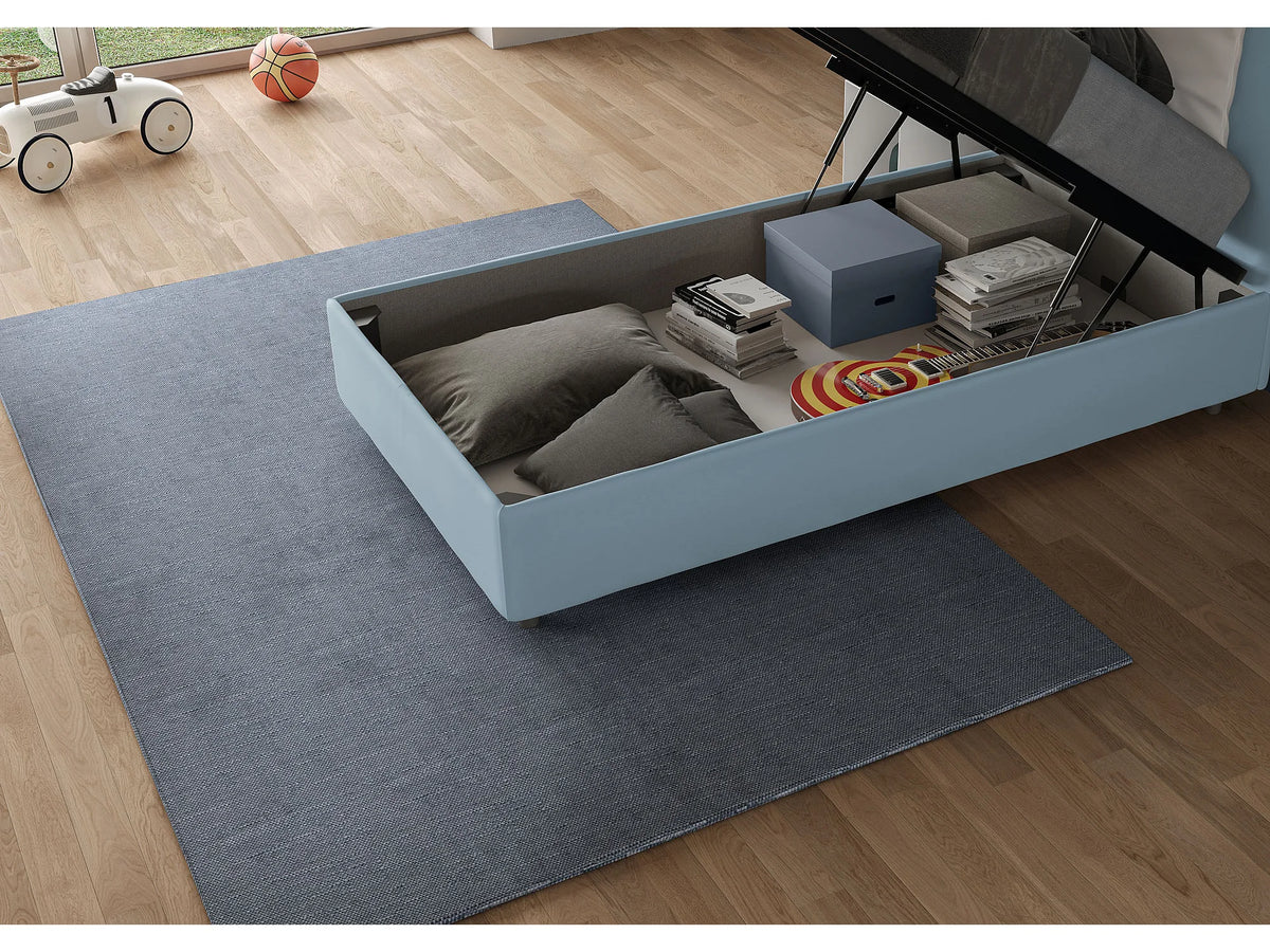 Lit Coffre 90x190 Bois Bleu Capitonné — vue 5