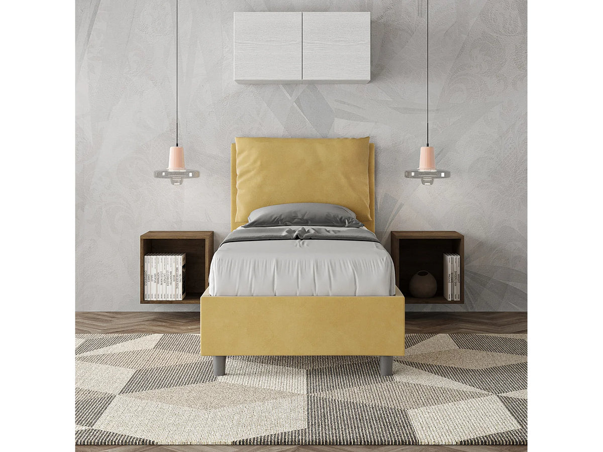 Lit Coffre 90x190 Bois Jaune Capitonné