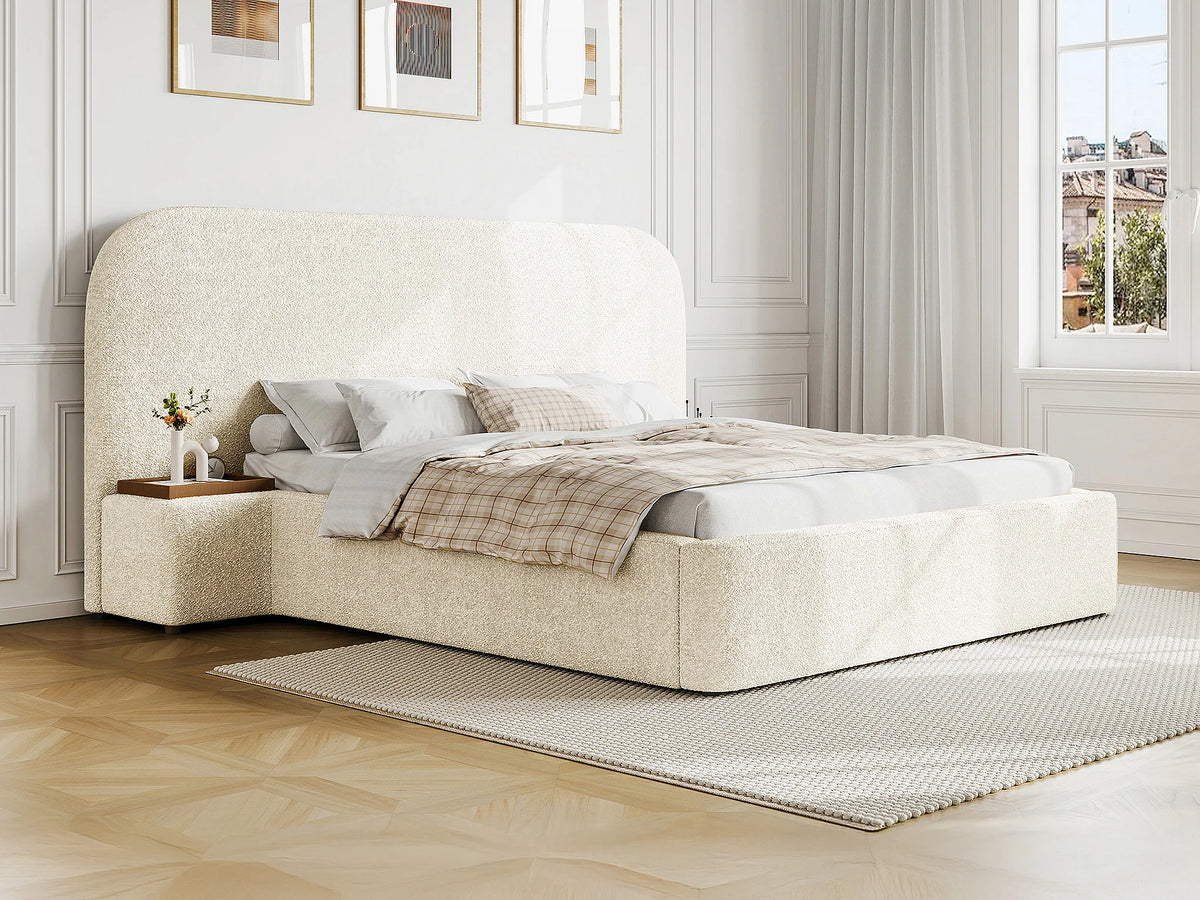 Lit Coffre 180x200 Tissu Bouclette Blanc avec Chevets — vue 12