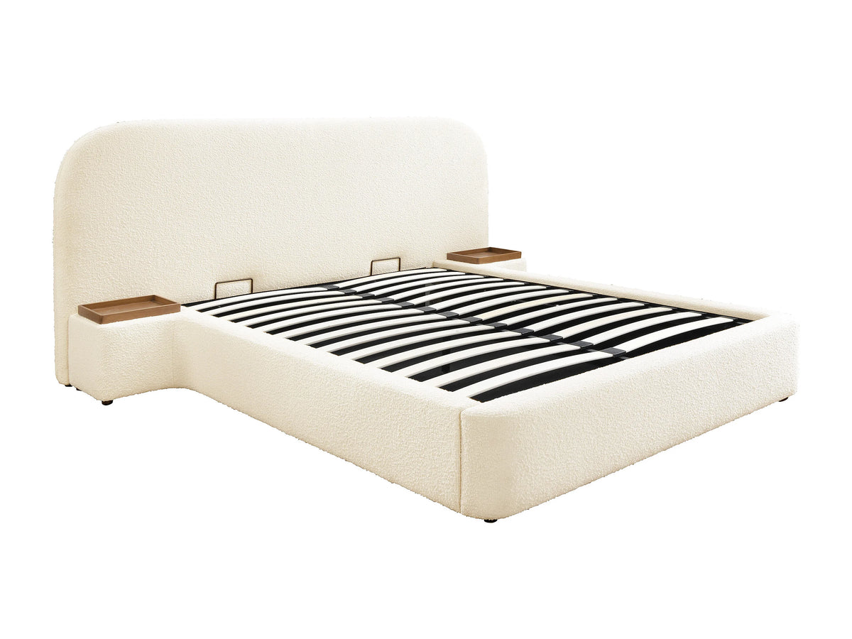 Lit Coffre 180x200 Tissu Bouclette Blanc avec Chevets — vue 3