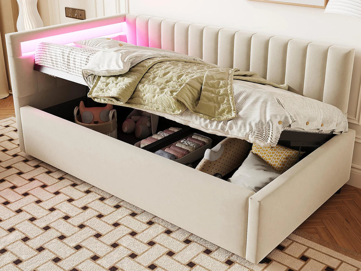 Lit Coffre 90x200 Velours Beige avec LED