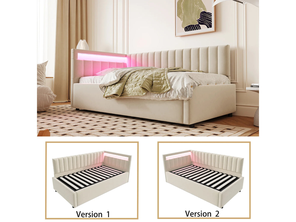 Lit Coffre 90x200 Velours Beige avec LED — vue 7
