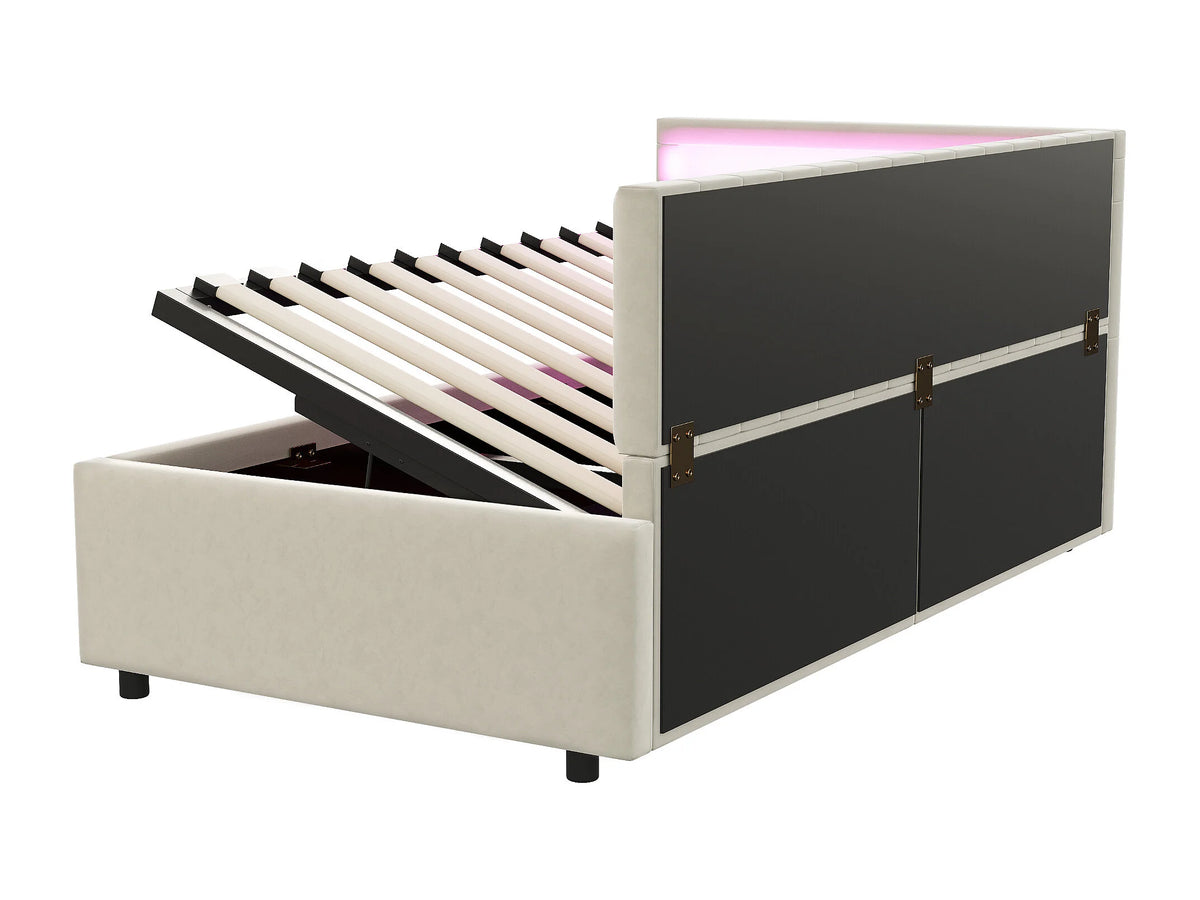 Lit Coffre 90x200 Velours Beige avec LED — vue 6