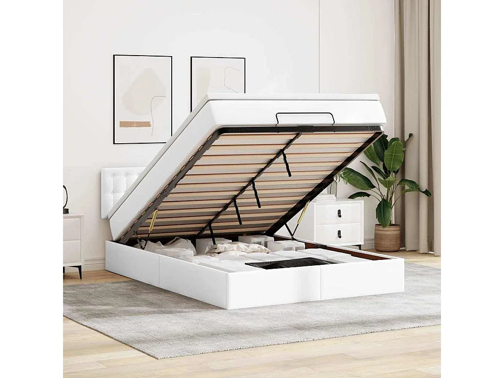 Lit Coffre 140x190 Simili Cuir Blanc avec Matelas, LED et Port USB