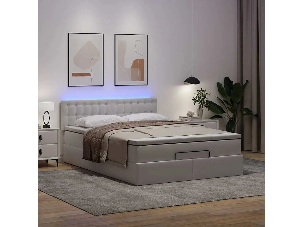 Lit Coffre 140x190 Simili Cuir Blanc avec Matelas, LED et Port USB — vue 2