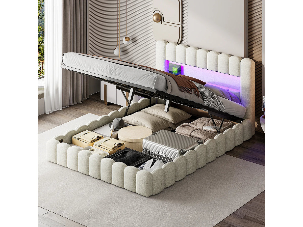 Lit Coffre 140x200 Tissu Lin Beige avec LED — vue 2