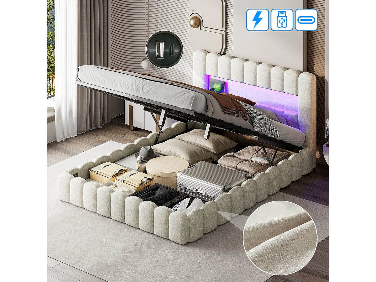 Lit Coffre 140x200 Tissu Lin Beige avec LED — vue 10