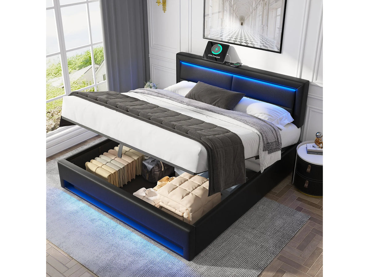 Lit Coffre 140x200 Bois Noir avec LED et Port USB — vue 2
