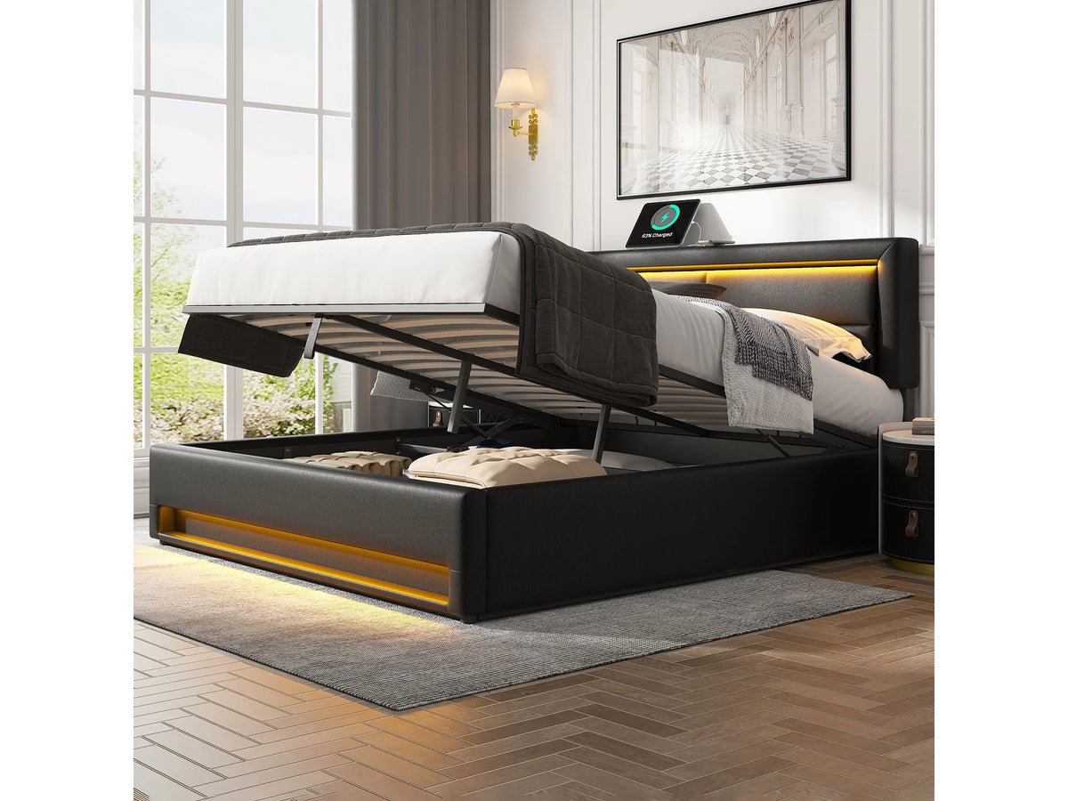 Lit Coffre 140x200 Bois Noir avec LED et Port USB — vue 3