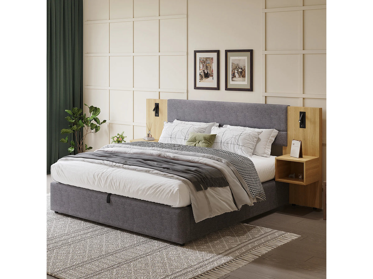 Lit Coffre 160x200 Velours Gris avec Chevets et Port USB