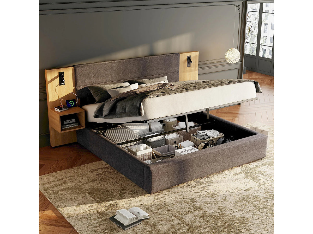 Lit Coffre 160x200 Velours Gris avec Chevets et Port USB — vue 3