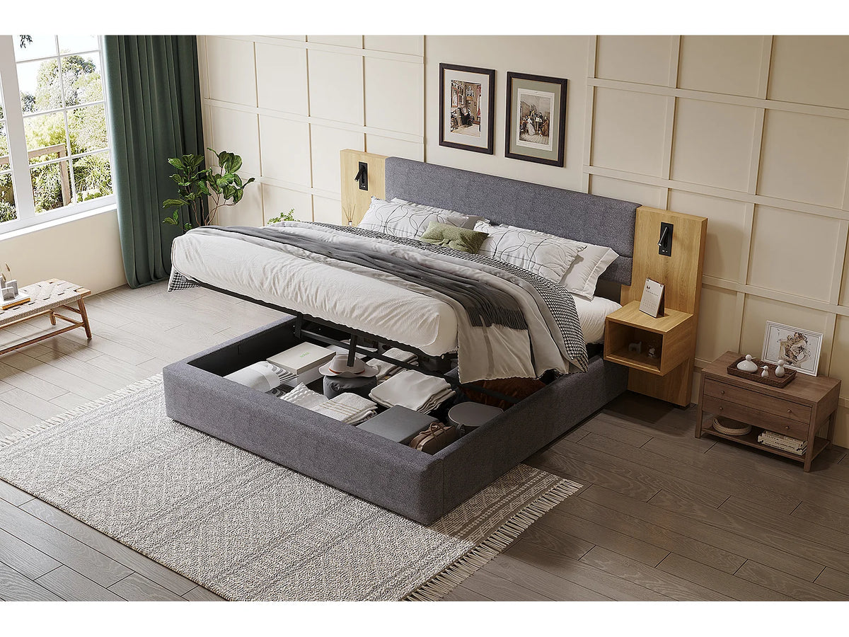 Lit Coffre 160x200 Velours Gris avec Chevets et Port USB — vue 5