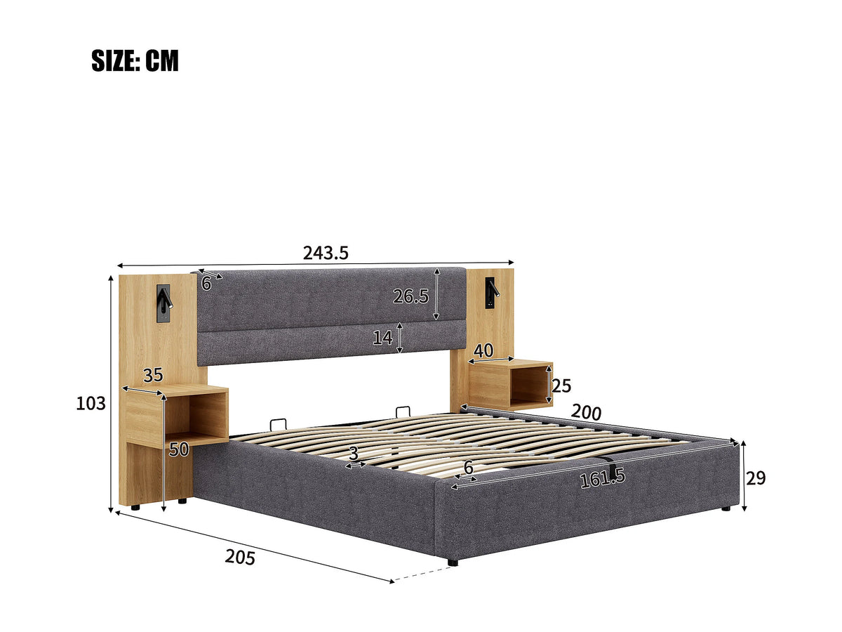Lit Coffre 160x200 Velours Gris avec Chevets et Port USB — vue 10