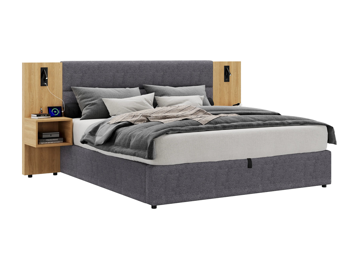 Lit Coffre 160x200 Velours Gris avec Chevets et Port USB — vue 9