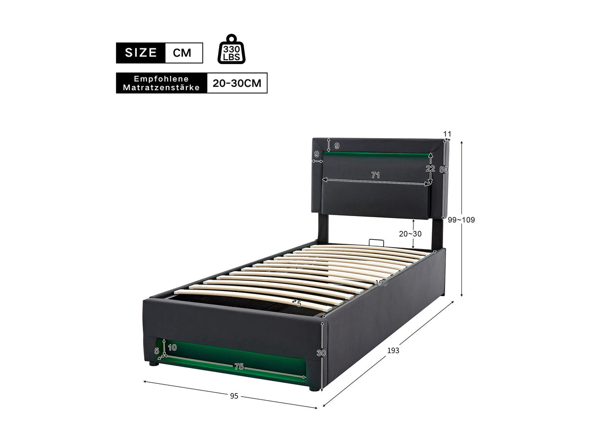 Lit Coffre 90x190 Simili Cuir Noir avec LED et Port USB — vue 7