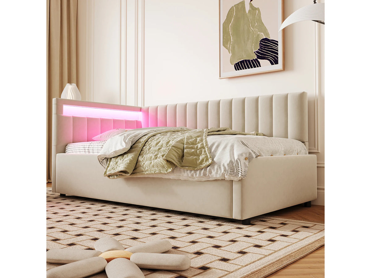 Lit Coffre 90x200 Velours Naturel clair avec LED — vue 2