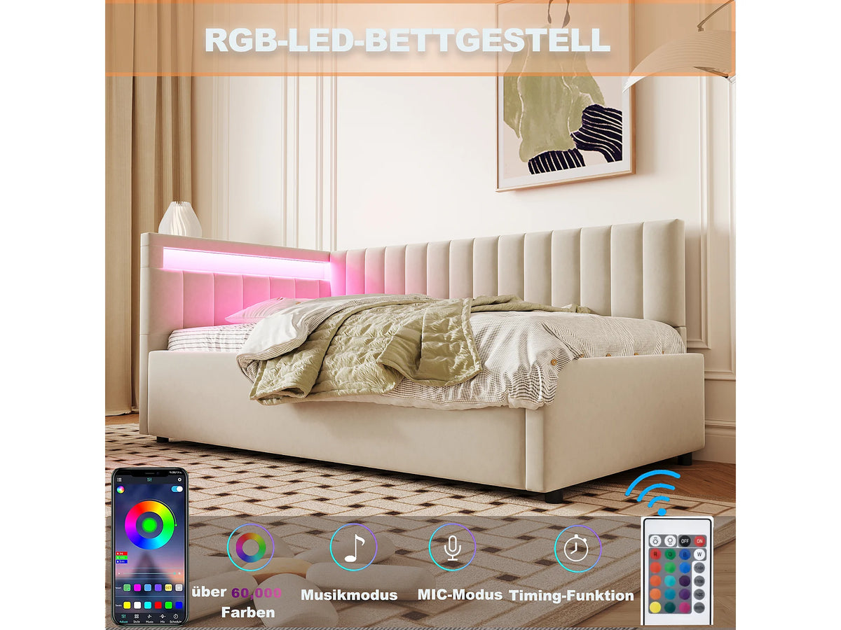 Lit Coffre 90x200 Velours Naturel clair avec LED — vue 4