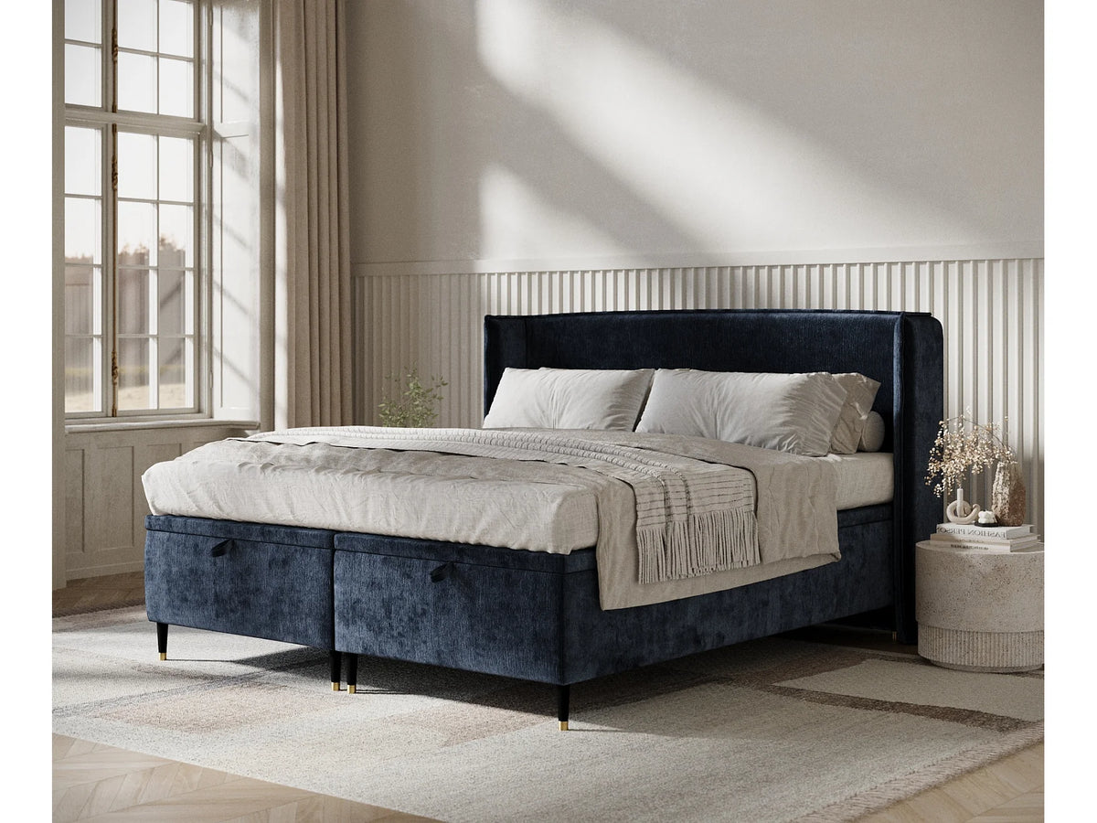 Lit Coffre 200x200 Tissu Chenille Bleu nuit