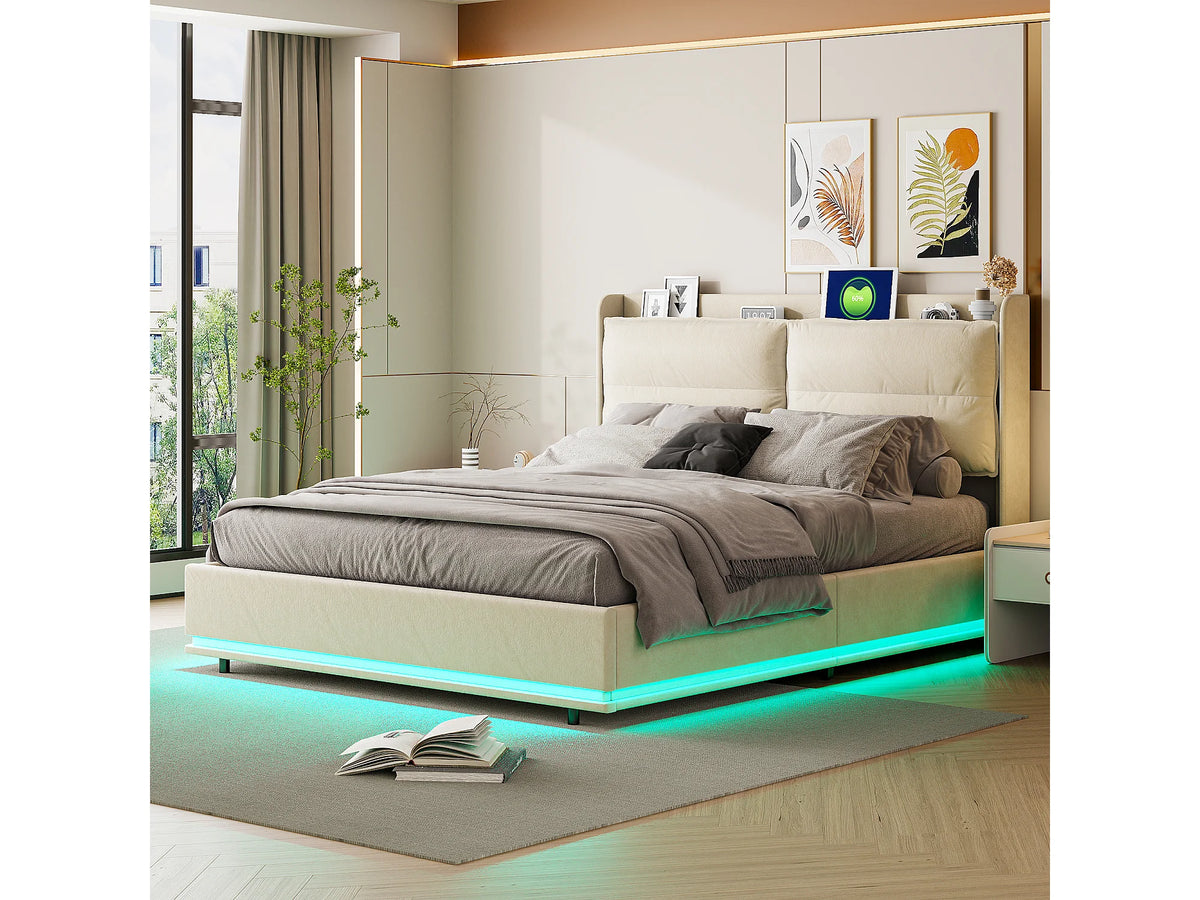 Lit Coffre 160x200 Velours Blanc cassé avec Chevets, LED et Port USB — vue 2