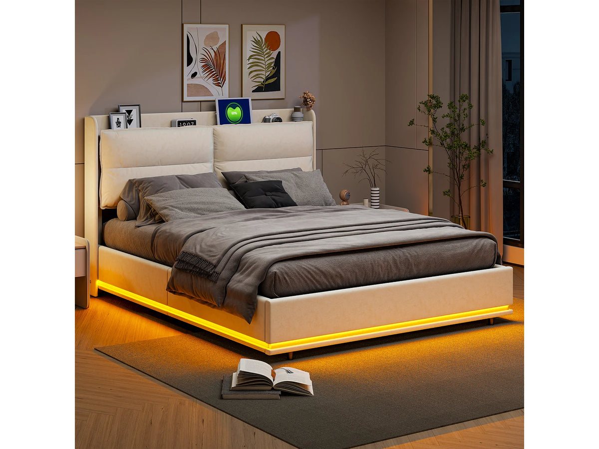 Lit Coffre 160x200 Velours Blanc cassé avec Chevets, LED et Port USB — vue 3