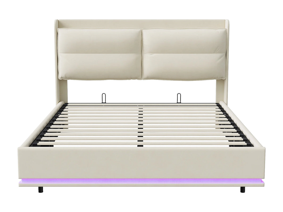 Lit Coffre 160x200 Velours Blanc cassé avec Chevets, LED et Port USB — vue 5