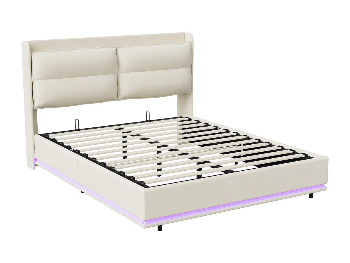 Lit Coffre 160x200 Velours Blanc cassé avec Chevets, LED et Port USB — vue 10