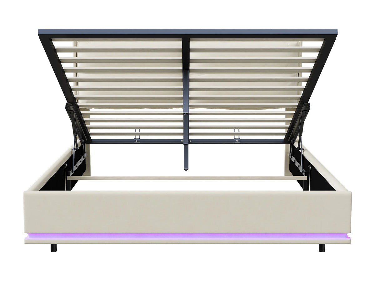 Lit Coffre 160x200 Velours Blanc cassé avec Chevets, LED et Port USB — vue 6