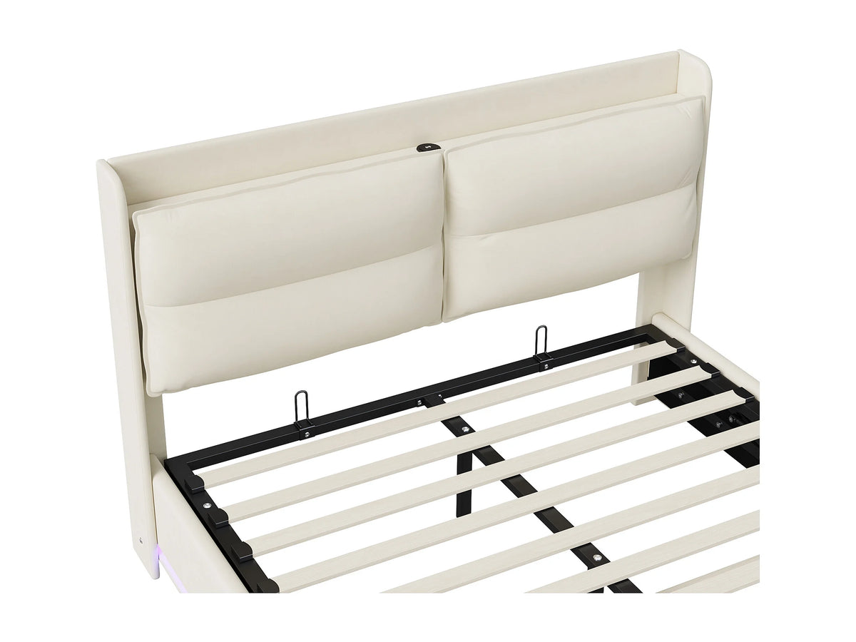 Lit Coffre 160x200 Velours Blanc cassé avec Chevets, LED et Port USB — vue 9