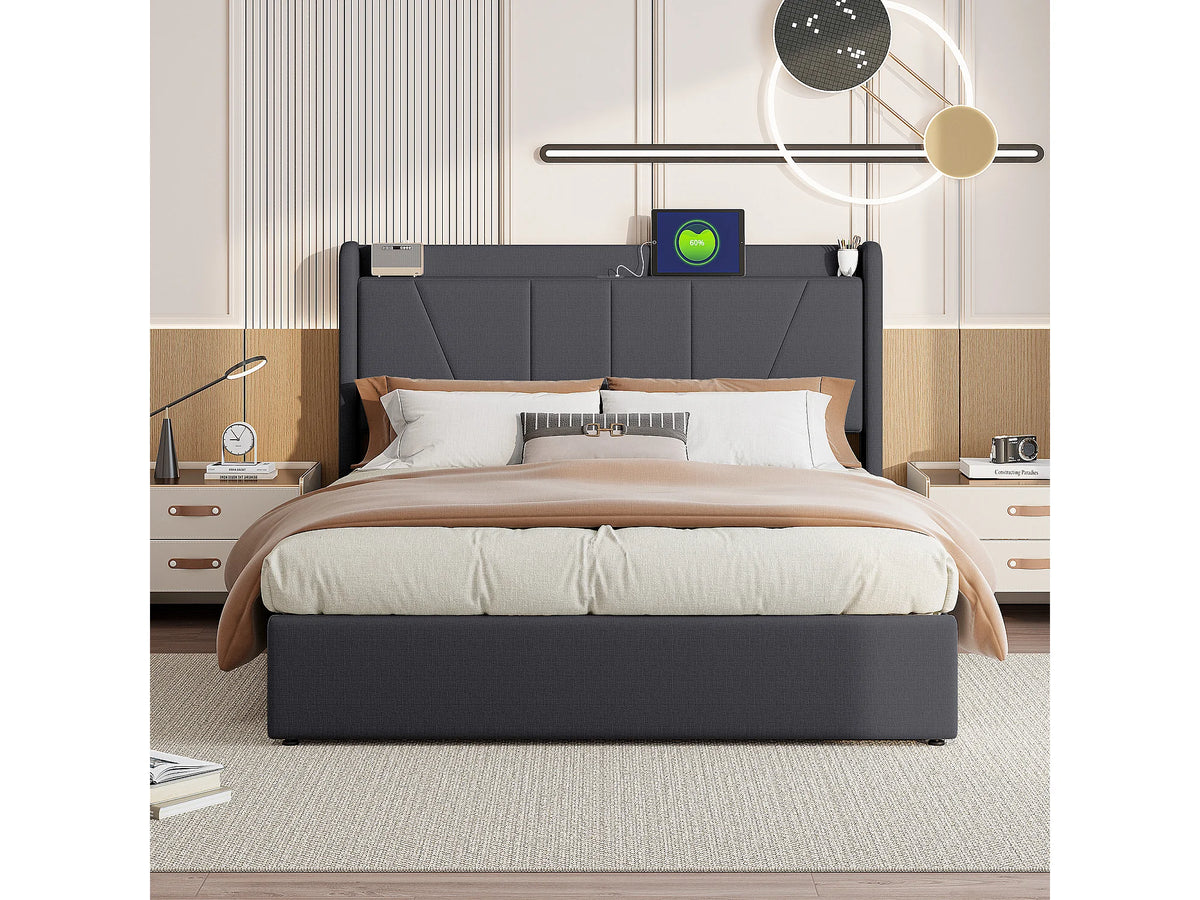 Lit Coffre 160x200 Chanvre Noir avec Port USB