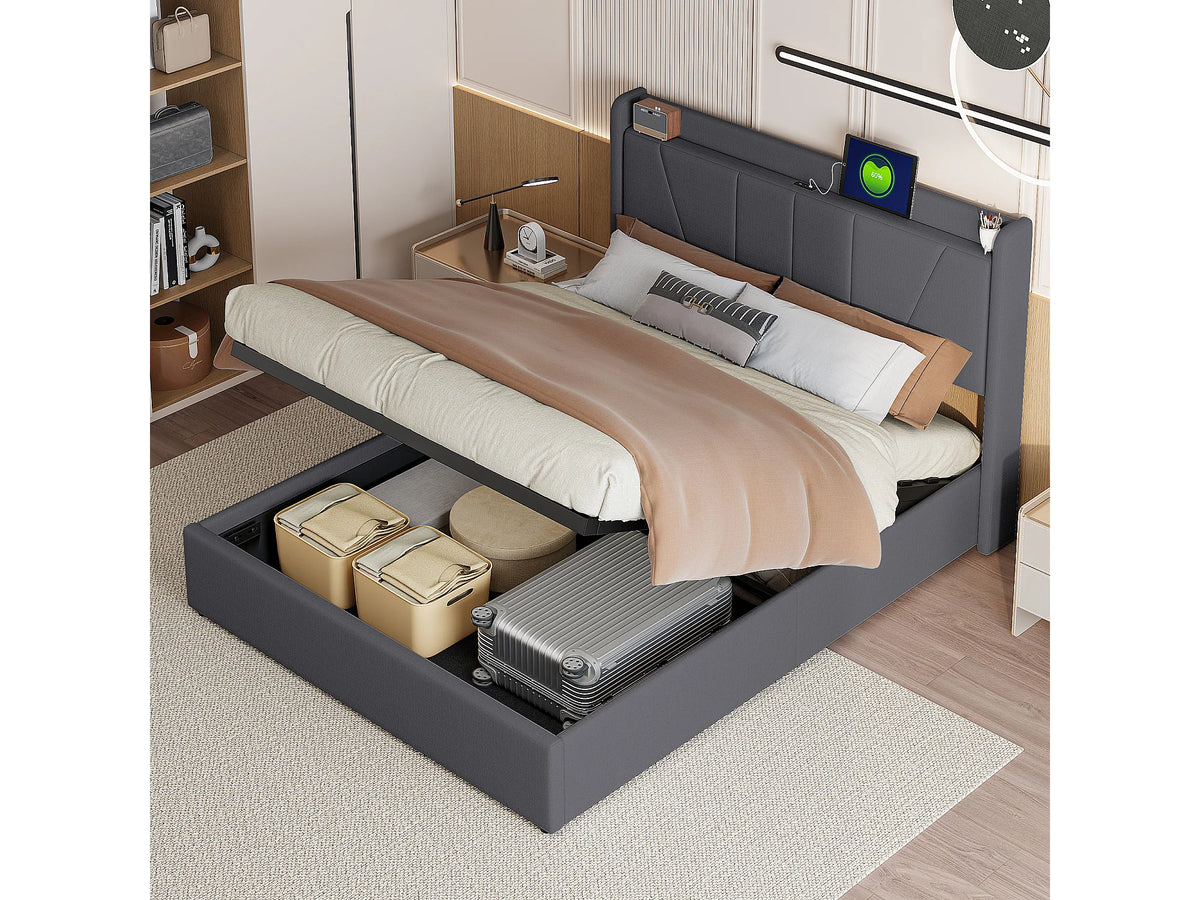 Lit Coffre 160x200 Chanvre Noir avec Port USB — vue 3
